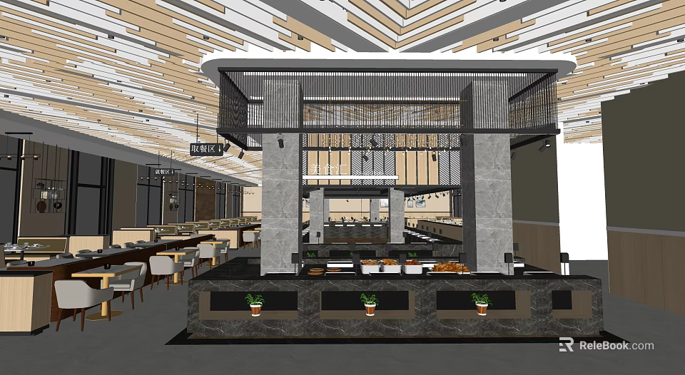 Stylish Restaurant Interior Design With Wooden Ceiling Bar Counter And Decorative Plants 3d model 