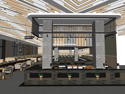 Stylish Restaurant Interior Design With Wooden Ceiling Bar Counter And Decorative Plants 3d model