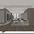 Modern Living and Dining Room Interior With Wooden White Sofa Marble Coffee Table Large Windows