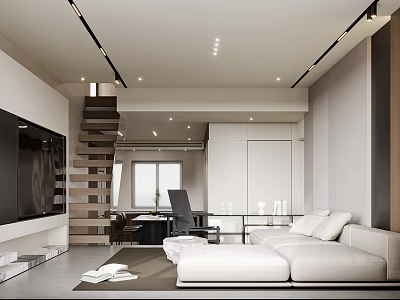 Modern Living Room Interior With White Sofa Large Screen TV And Wooden Staircase 3d model