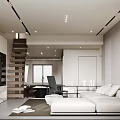 Modern Living Room Interior With White Sofa Large Screen TV And Wooden Staircase