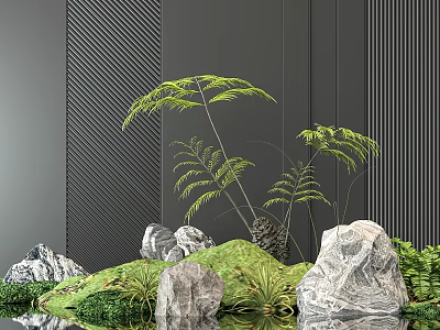 Natural Miniature Garden With Ferns Rocks Green Grass And Water Reflection Against Gray Striped Wall 3d model