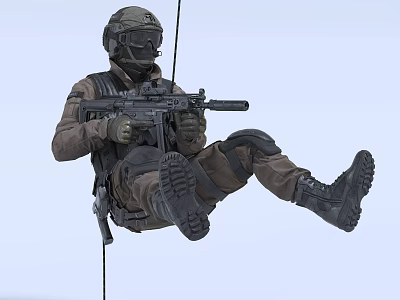 Man in tactical gear with helmet and goggles holding rifle while suspending by rope 3d model