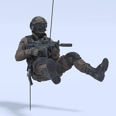 Man in tactical gear with helmet and goggles holding rifle while suspending by rope 3d model
