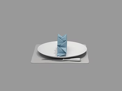 Modern Dinnerware Set with White Plate Blue Folded Napkin Gray Placemat and Table Knife 3d model