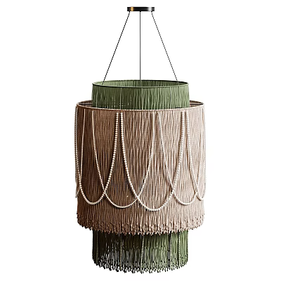 Layered Green and Beige Chandelier with Tassel Fringe for Interior Decor 3d model