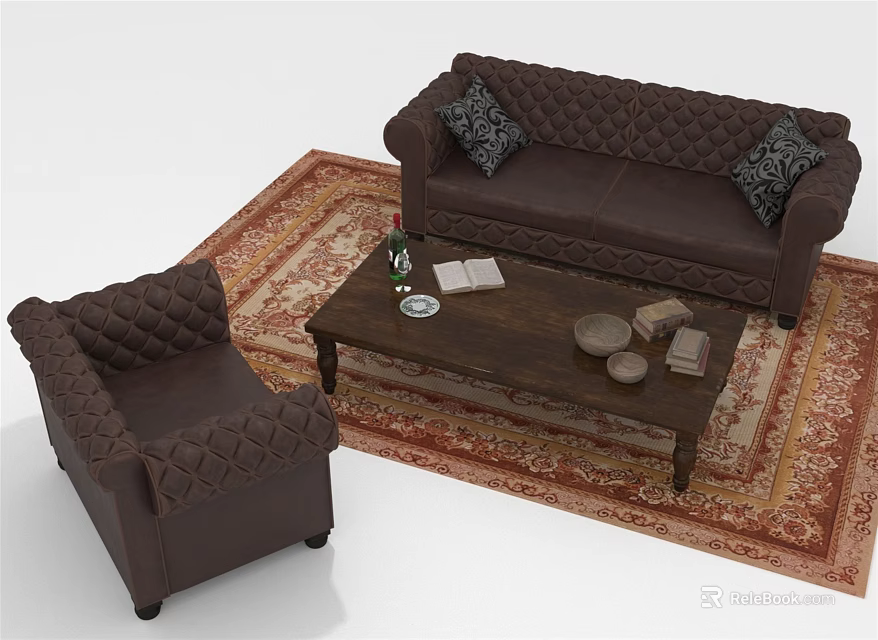 Brown Leather Tufted Sofa Armchair and Wooden Coffee Table Set with Decorative Items on Rug 3d model 