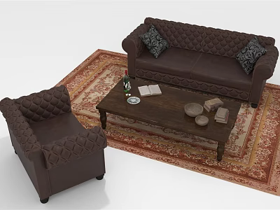 Brown Leather Tufted Sofa Armchair and Wooden Coffee Table Set with Decorative Items on Rug 3d model