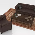 Brown Leather Tufted Sofa Armchair and Wooden Coffee Table Set with Decorative Items on Rug