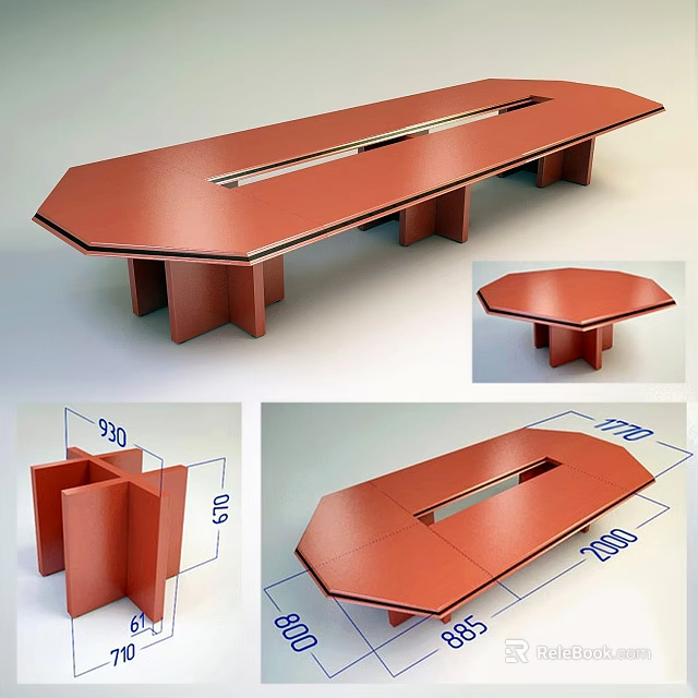 Red Modern Conference Table Design With Detailed Dimensions And Structural Views 3d model