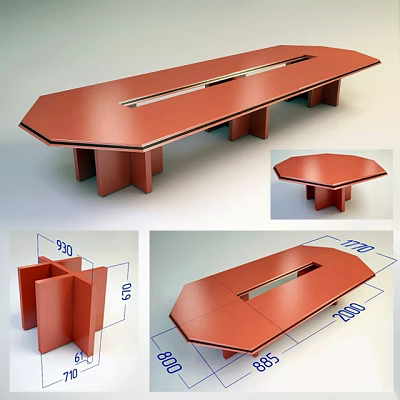 Red Modern Conference Table Design With Detailed Dimensions And Structural Views 3d model
