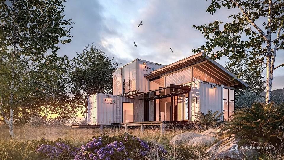 Modern Detached Villa Built With Shipping Containers Large Glass Windows And Natural Surroundings 3d model 