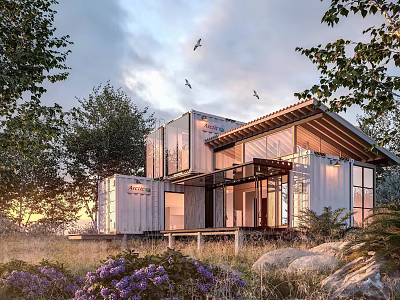 Modern Detached Villa Built With Shipping Containers Large Glass Windows And Natural Surroundings 3d model
