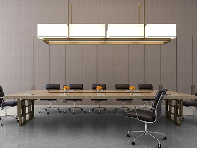 Modern Conference Table With Wooden Frame Leather Chairs Hanging Lights And Centerpiece Flowers 3d model