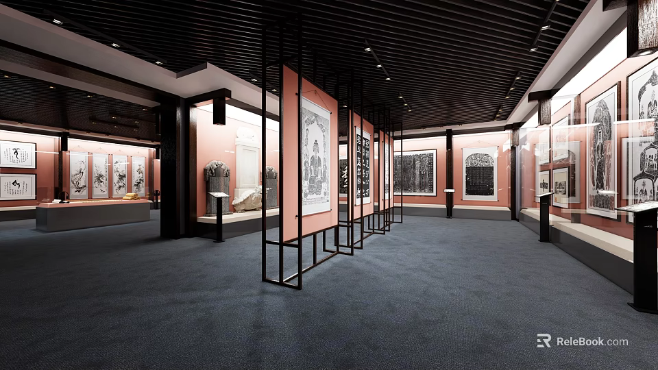 Cultural Center Interior With Traditional Paintings On Black Metal Display Stands And Red Walls 3d model 