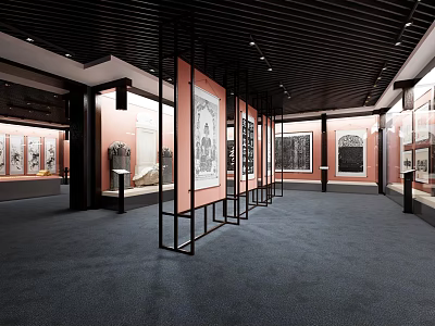 Cultural Center Interior With Traditional Paintings On Black Metal Display Stands And Red Walls 3d model