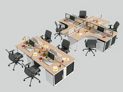 Modern Office Work Desks With Partition Dividers Ergonomic Chairs And Computer Monitors 3d model