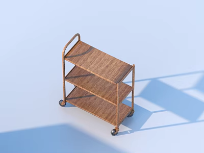 Three Tier Mobile Rolling Shelf With Wooden Shelves And Metal Frame 3d model
