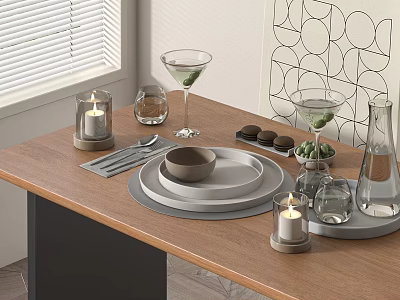 Elegant Tableware Set with Plates Bowls Glassware Candles and Green Garnish on Wooden Dining Table 3d model