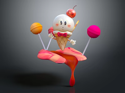 Cute Melting Ice Cream Cone With Cherry Orange Pink Lollipops And Red Drizzle 3d model