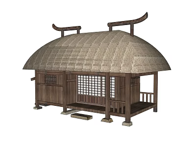 Traditional Japanese Wooden Hut with Thatched Roof Lattice Windows and Eave Decorations 3d model