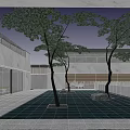 Modern Garden Landscape With Water Curtain Stone Wall Trees And Courtyard Seats