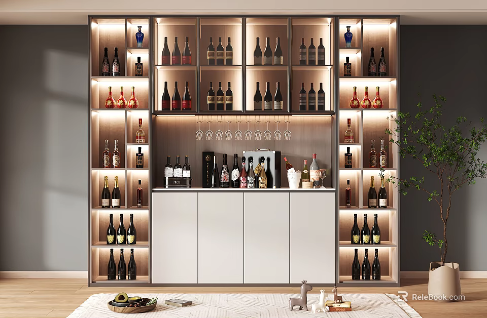 Modern Wine Cabinet With LED Lighting Multiple Shelves And Wine Glass Storage 3d model 