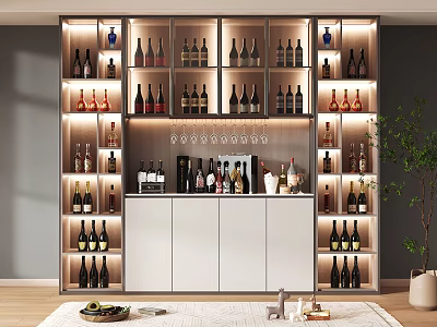 Modern Wine Cabinet With LED Lighting Multiple Shelves And Wine Glass Storage 3d model