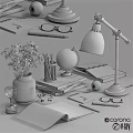 Decorative Accessories Set Featuring Gold Lamp Globe White Flowers Books And Stationery