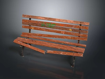 Old Outdoor Bench With Wooden Slats And Broken Board On Metal Legs 3d model