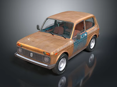 Retro Compact Car With Brown And Blue Exterior And White Wheels Details 3d model