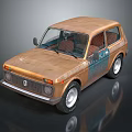 Retro Compact Car With Brown And Blue Exterior And White Wheels Details