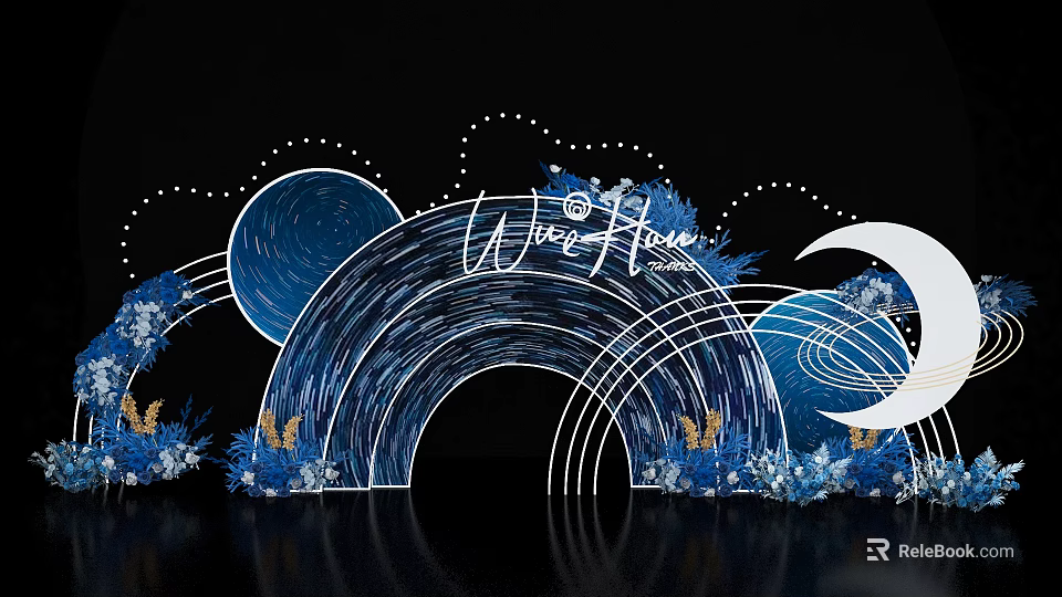Wedding Decorative Scene With Blue Arch Moon Stars And Wave Flower Design 3d model 