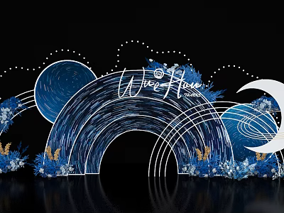 Wedding Decorative Scene With Blue Arch Moon Stars And Wave Flower Design 3d model