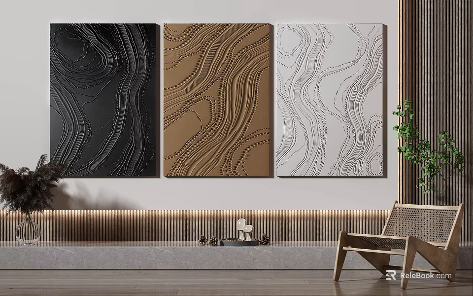 Three Abstract Wall Art Paintings with Wavy Patterns in Black Brown White for Interior Decor 3d model
