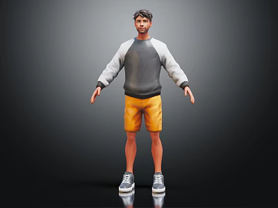 Man Wearing Gray And White Sweatshirt Yellow Shorts And Gray Sneakers Standing Against Dark Background 3d model