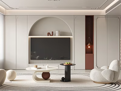 Modern Living Room Interior With Curved Sofa Arched TV Wall Pendant Light And Coffee Table 3d model