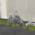 Stone And Wood Indoor Rockery Decoration With Green Grass Base And Layered Peaks