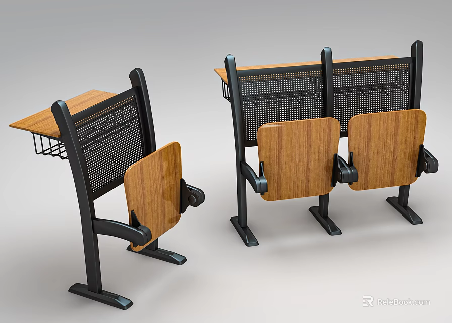 Functional Public Chairs With Wooden Seats Table And Mesh Backrest And Sturdy Metal Frame Design 3d model 