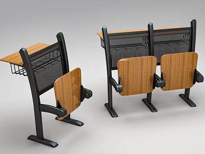 Functional Public Chairs With Wooden Seats Table And Mesh Backrest And Sturdy Metal Frame Design 3d model