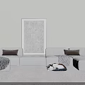 White Sectional Sofa Set With Neutral Pillows Textured Wall Art And Cat On Light Area Rug