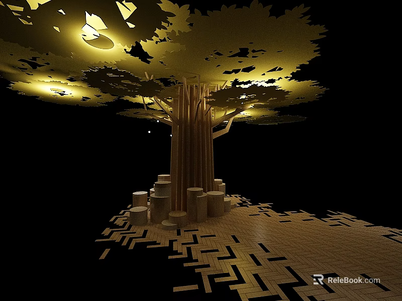 Pillars Forming Tree Structure With Hollow Canopy Illuminated Lighting On Geometric Wooden Floor 3d model 