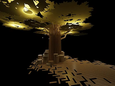 Pillars Forming Tree Structure With Hollow Canopy Illuminated Lighting On Geometric Wooden Floor 3d model