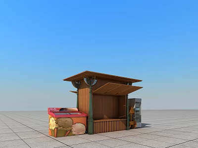 Commercial Street Wooden Stall Featuring Canopy Beverage Machine And Colorful Decorations 3d model