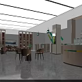 Modern Bank Interior With Reception Desk Tables Chairs Bookshelves And Plants