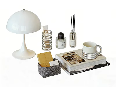 Decorative Ornament Set With White Table Lamp Scented Diffuser Mug Magazine And Wicker Basket 3d model