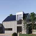 Modern Detached Villa With White Exterior Glass Curtain Wall Surrounding Trees Lawn And Parking Area