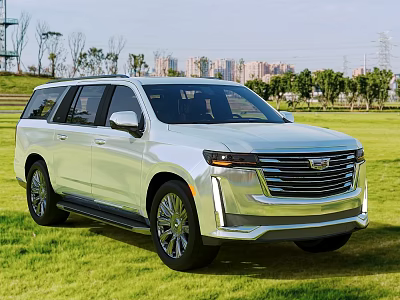 Modern Sleek SUV Parked On Green Grass Field With Natural Surroundings And City View 3d model