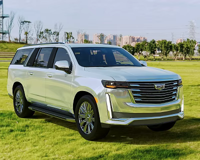 Modern Sleek SUV Parked On Green Grass Field With Natural Surroundings And City View 3d model