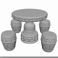 Round Stone Outdoor Table with Carved Patterns and Four Matching Stools 3d model